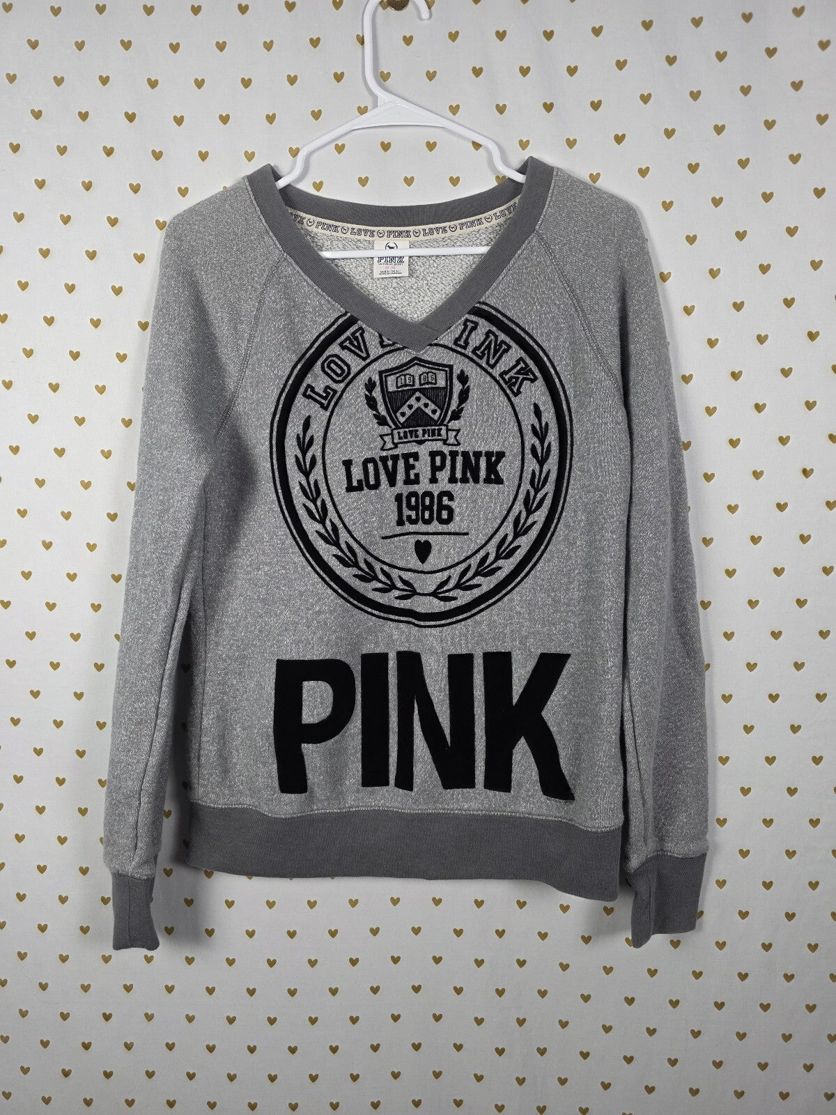 Victorias Secret Pink Vintage Y2k Velvet V neck logo Sweater Grey Medium