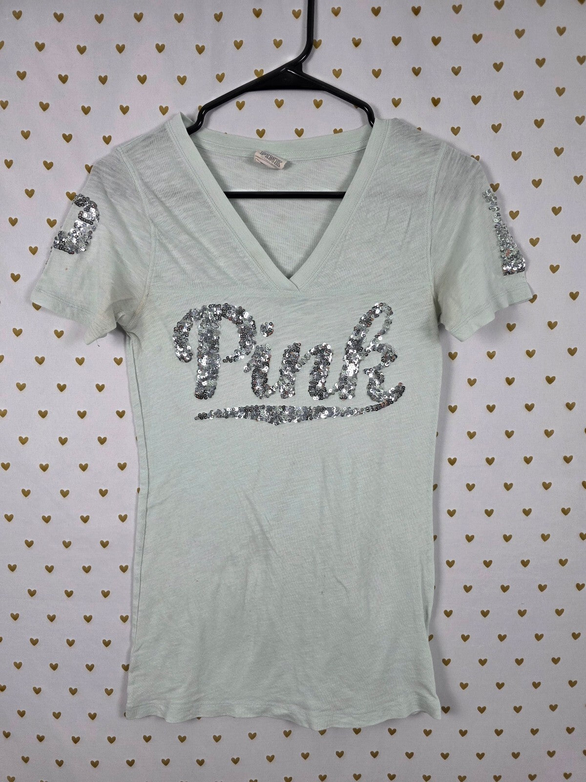 Victorias Secret PINK Bling Semi Sheer Sequined Tee shirt Flawed SMALL