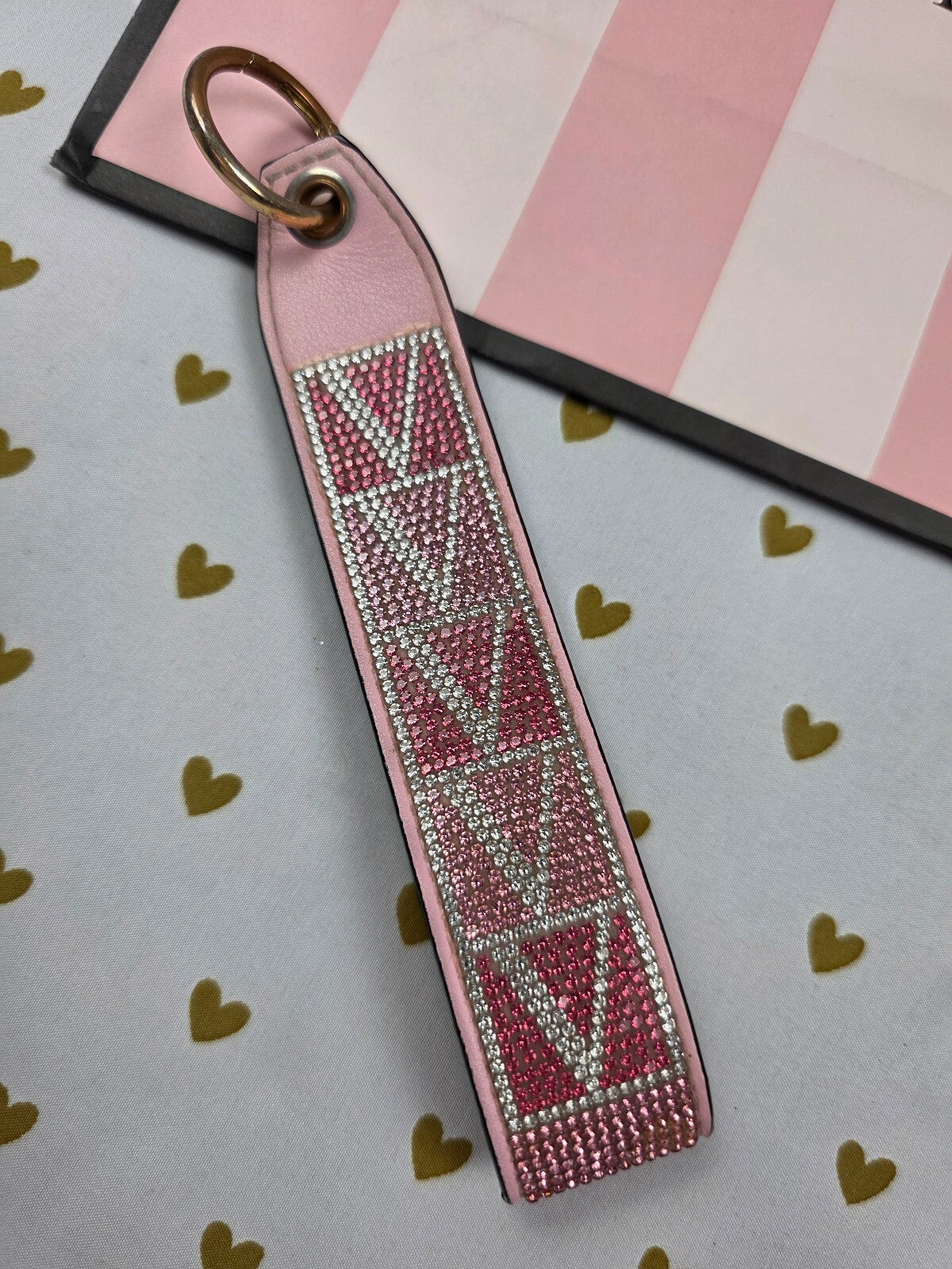 Victoria Secret BLING wristlet strap keychain Handle Rhinestone Logo Studded