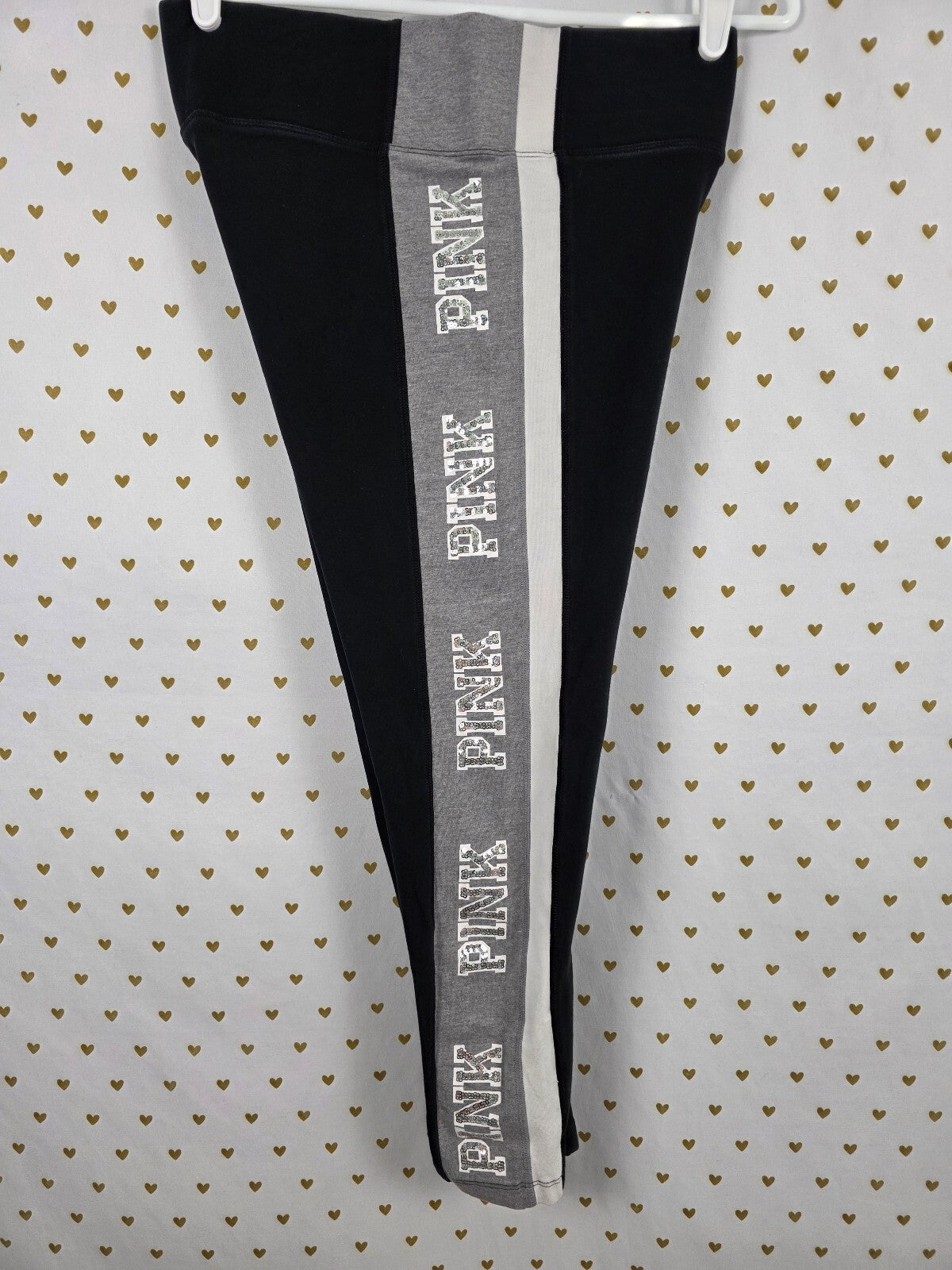 Victorias Secret PINK Bling Yoga Pants Sequined Silver Striped LARGE