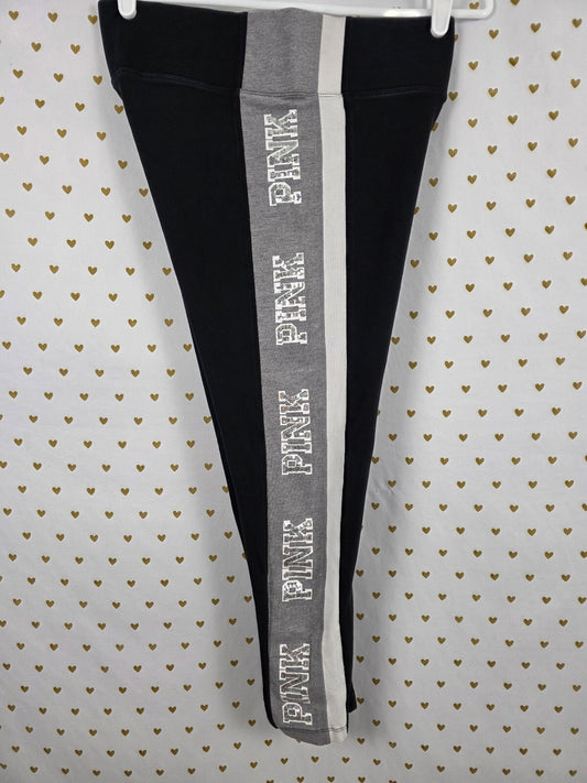 Victorias Secret PINK Bling Yoga Pants Sequined Silver Striped LARGE