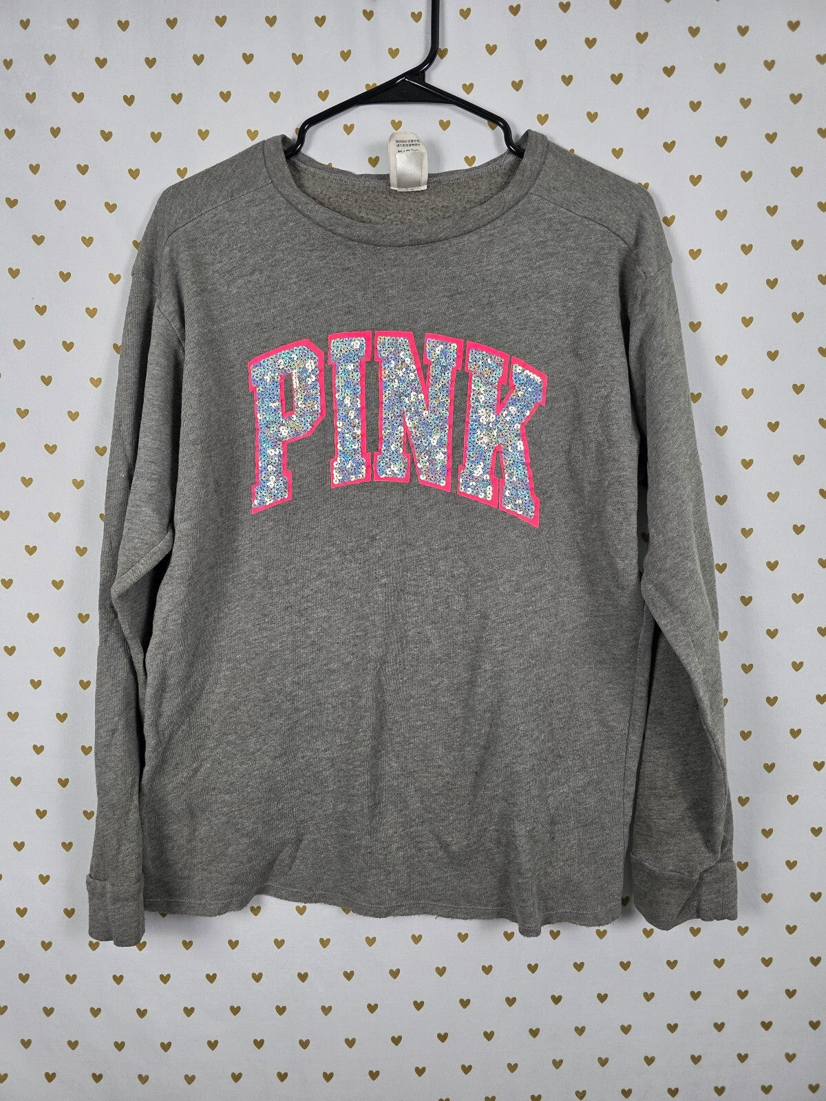 Victorias Secret Pink Grey BLING Neon Lined Sequin Logo Sweater Crew XS Oversize