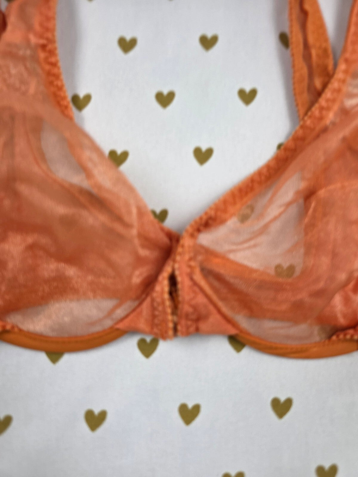 Victorias Secret Vintage Sheer Orange Heart Label 90's front close bra 34B