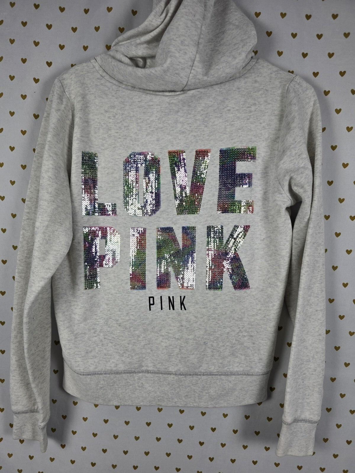 Victorias Secret Pink Rare Rainbow Bling Logo Full zip Hoodie Jacket Grey Medium
