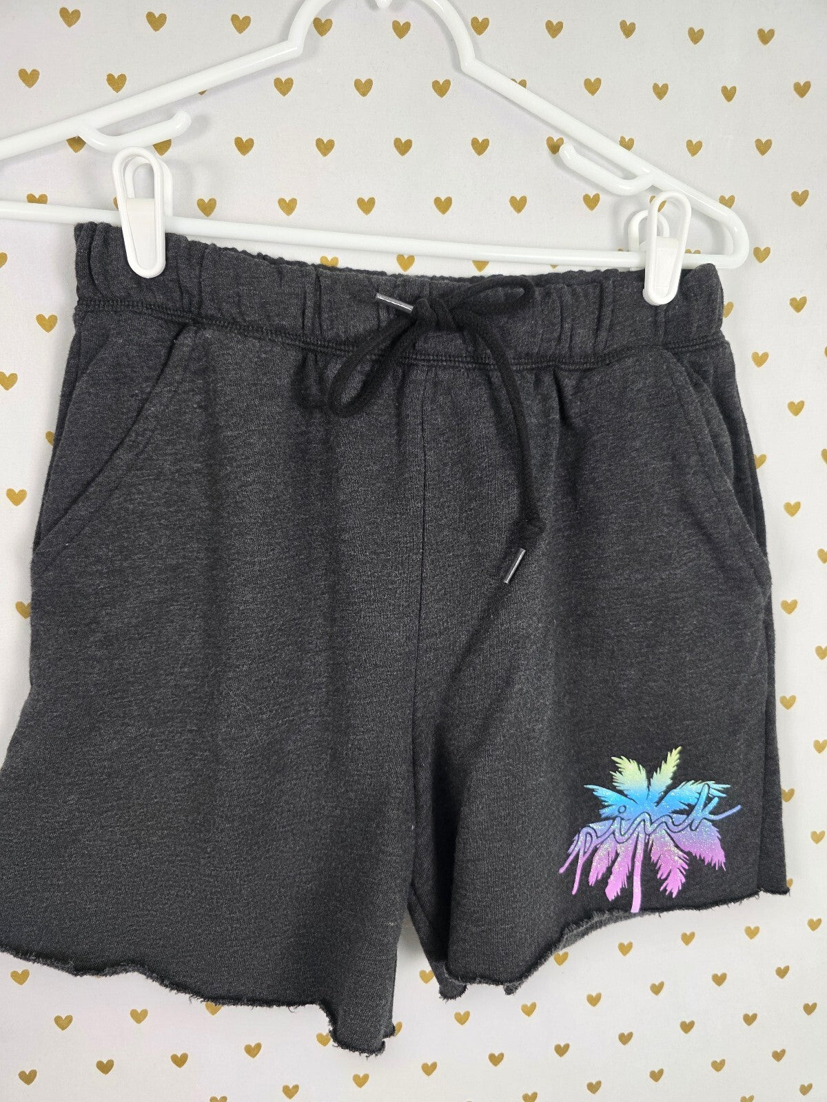 Victorias Secret PINK GLITTER BLING PALM Set Tank Top Sweat Shorts OUTFIT SMALL
