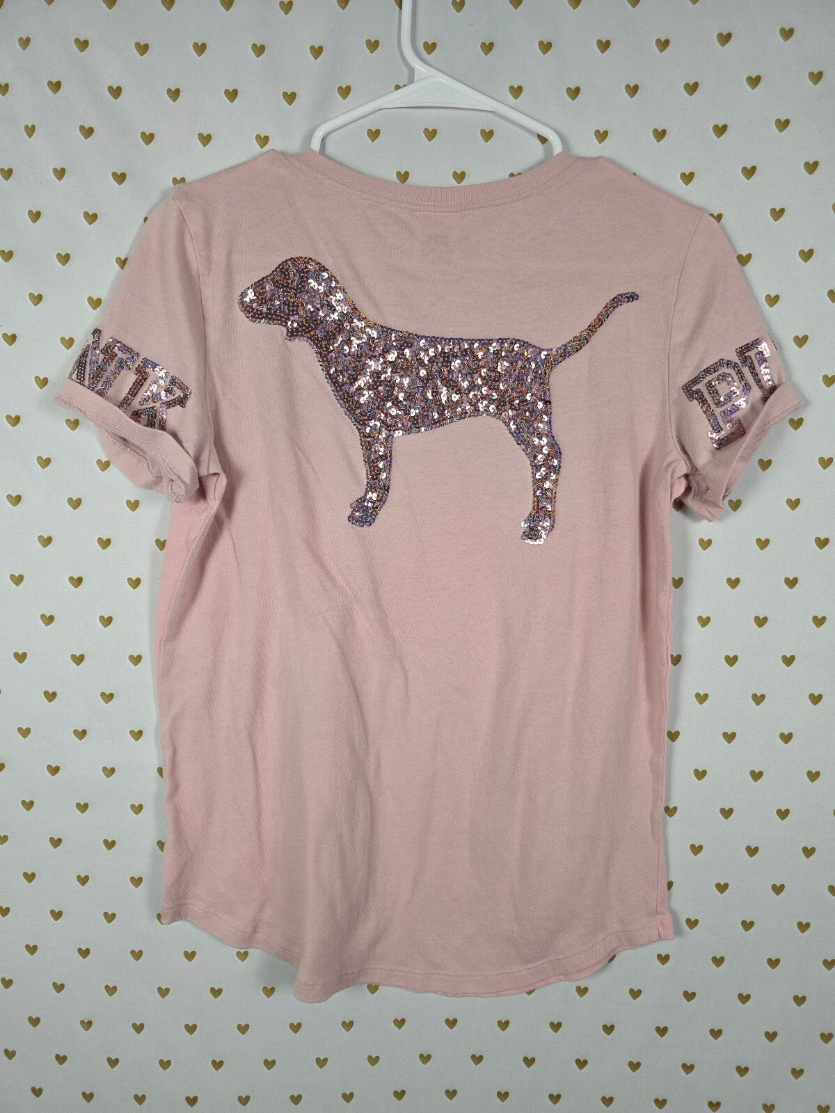 Victorias Secret PINK Dog Logo BLING SEQUIN Short Sleeve Tee Shirt V Neck MED