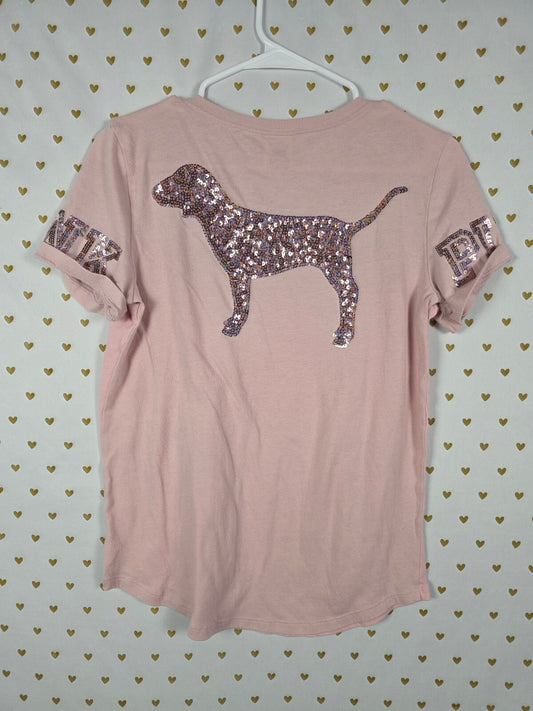 Victorias Secret PINK Dog Logo BLING SEQUIN Short Sleeve Tee Shirt V Neck MED