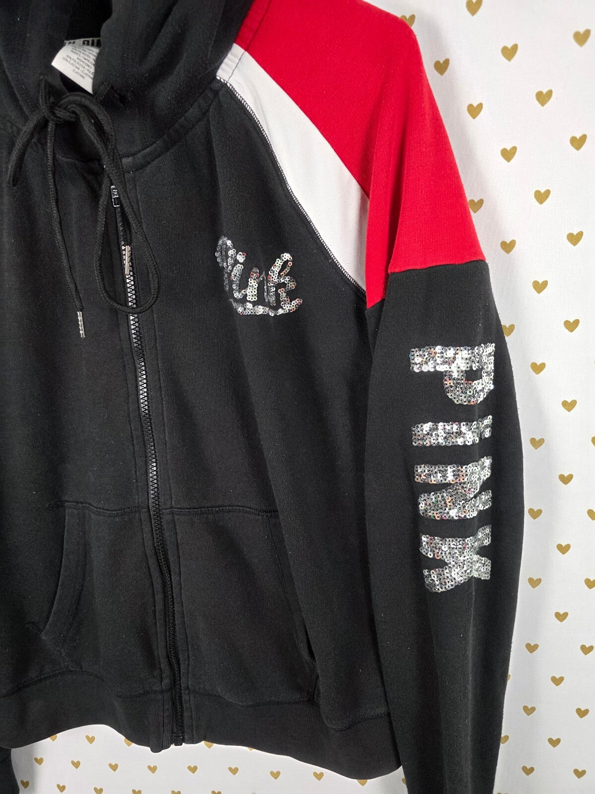 Victorias Secret Pink BLING Silver Sequin Full Zip Hoodie Jacket Logo MEDIUM