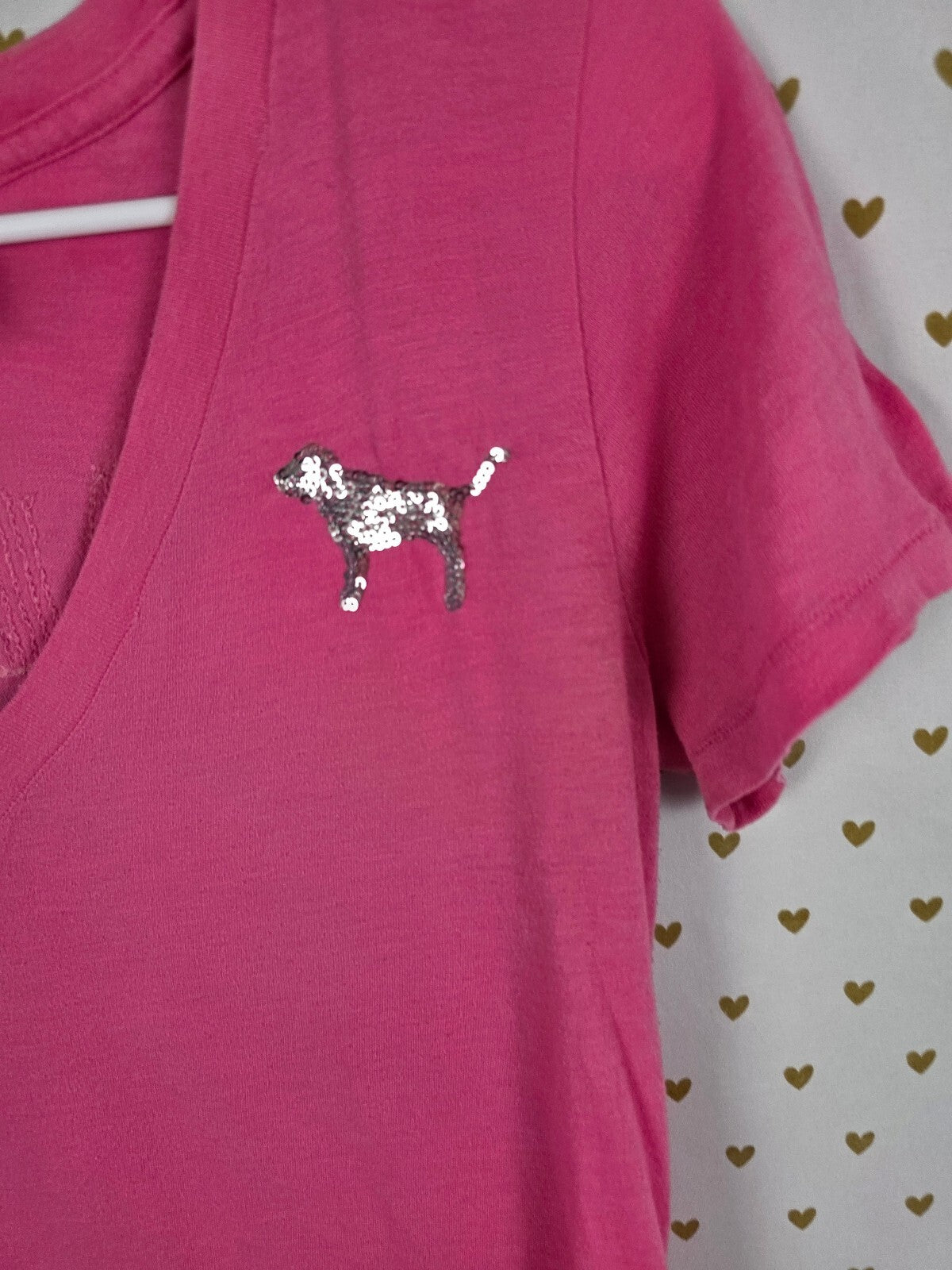 Vintage 2009 Victoria's Secret PINK Tee L Sequin Dog Bling V Neck Graphic
