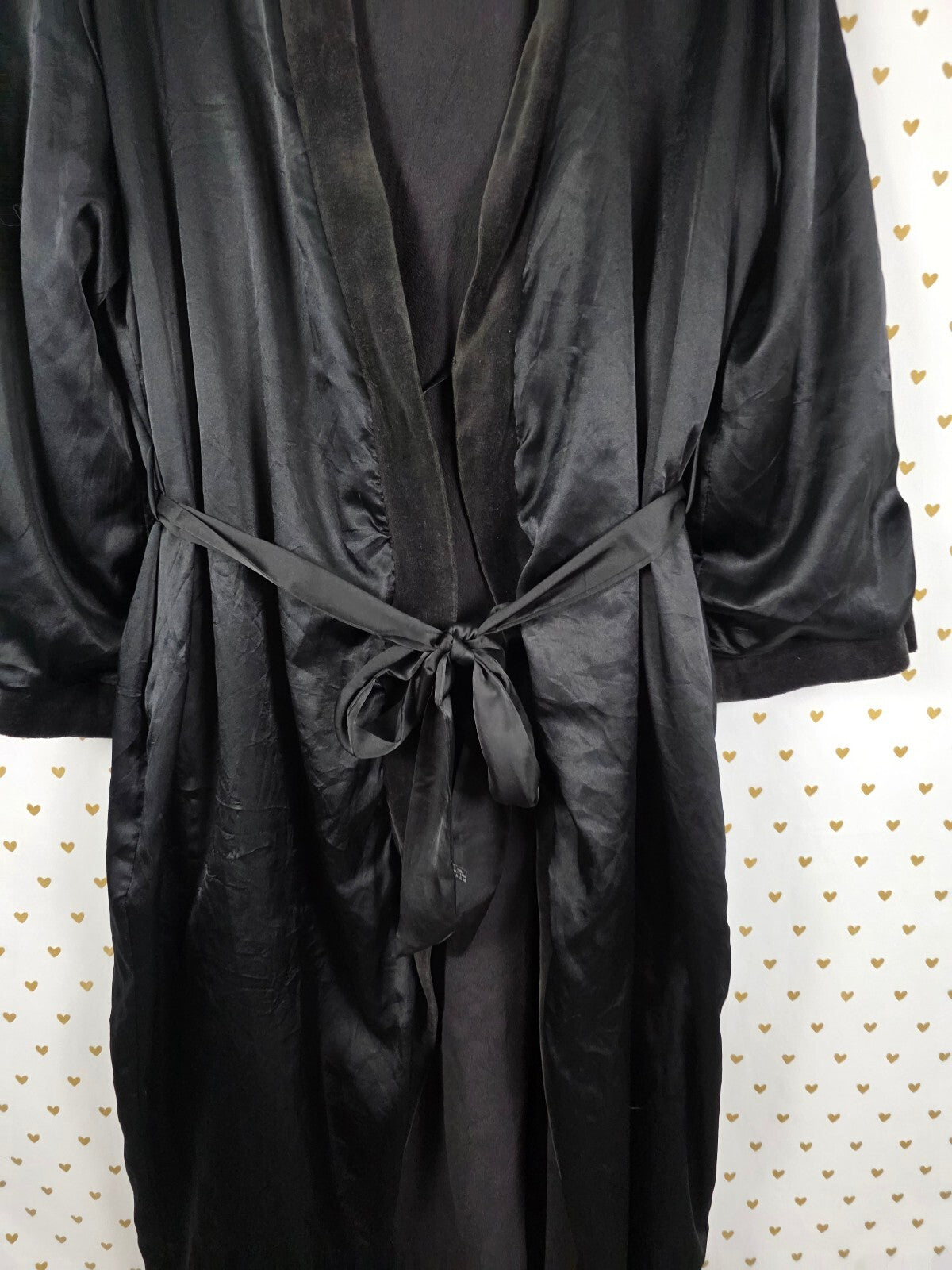 Vintage Victoria's Secret Satin Fleece Lined Long Robe Black Velvet Trim XS/S