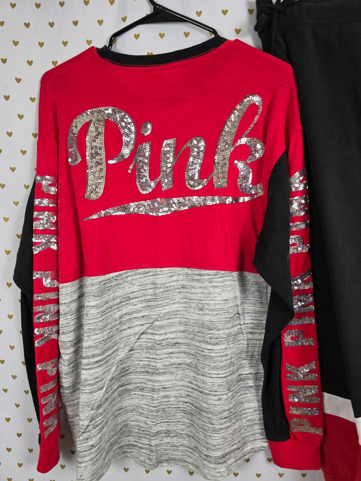 VS PINK BLING Sequin Jogger Sweatpants Shirt Set M S Red Black Gray Rare