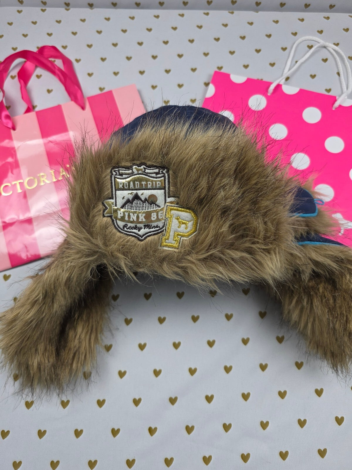 Victoria’s Secret PINK Road Trip 86 BLING Faux Fur Trapper Hat Y2K Rare