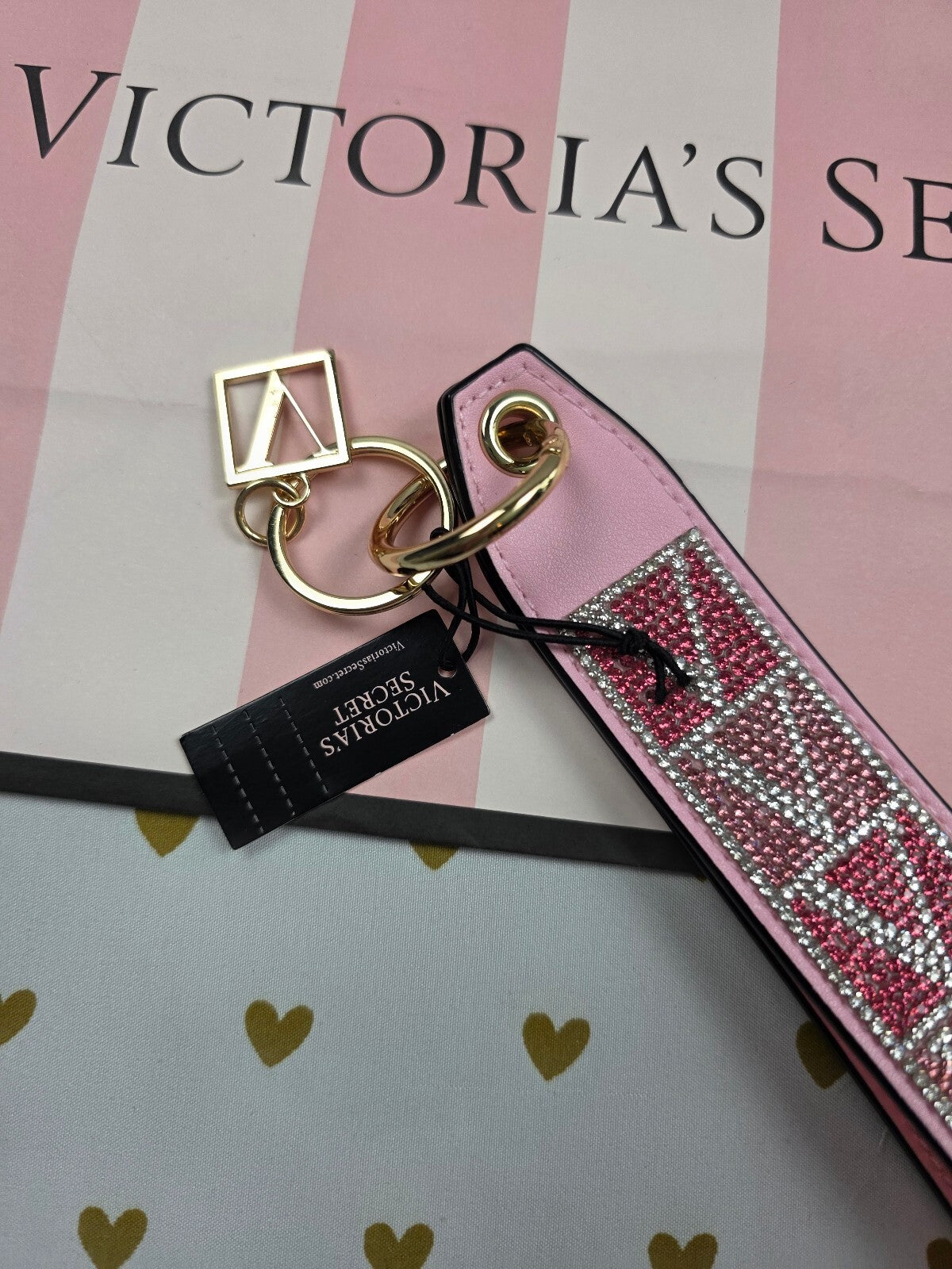 Victoria Secret BLING wristlet strap keychain Logo Studded Handle Rhinestone NEW