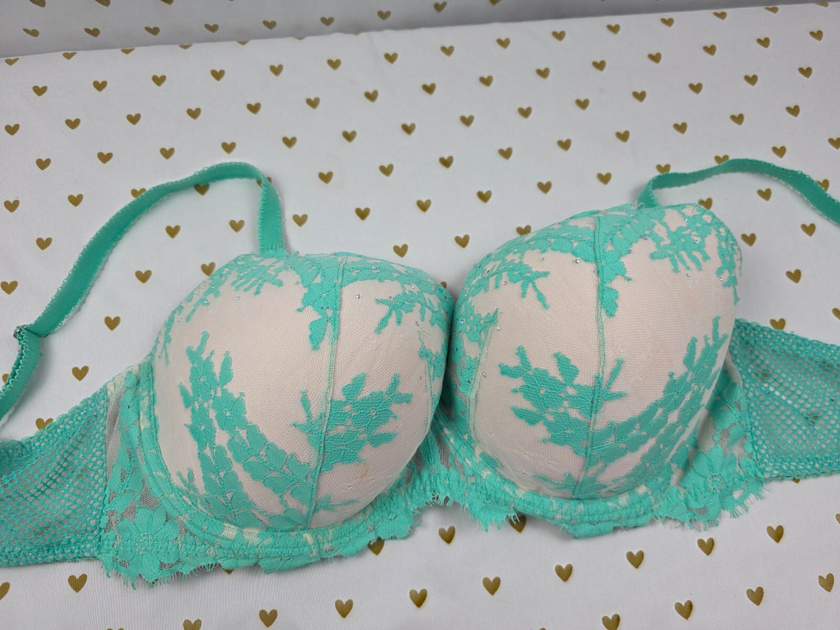 Victorias Secret Mint Bling Dream angels Lined Demi Balconette Bra 38DDD 38F