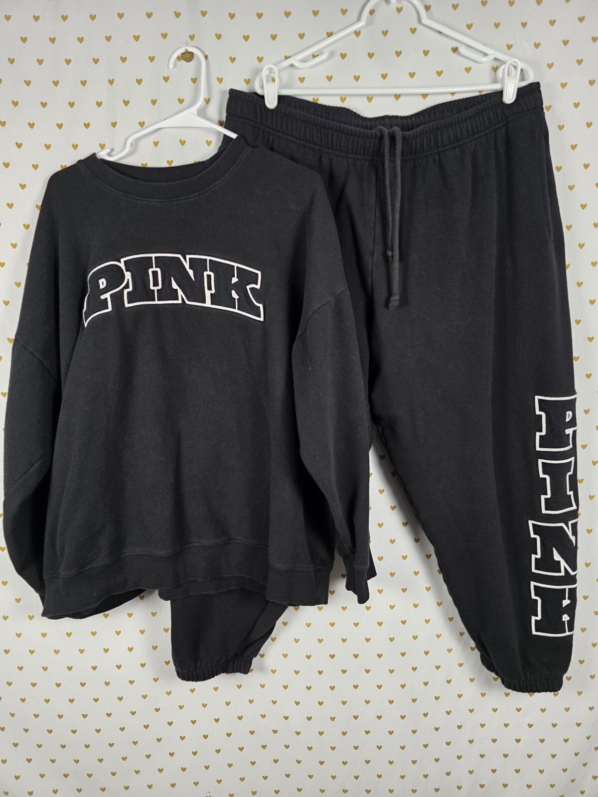 Victoria's Secret PINK Ivy Fleece Sweatshirt Sweatpants Set XXL Black Logo