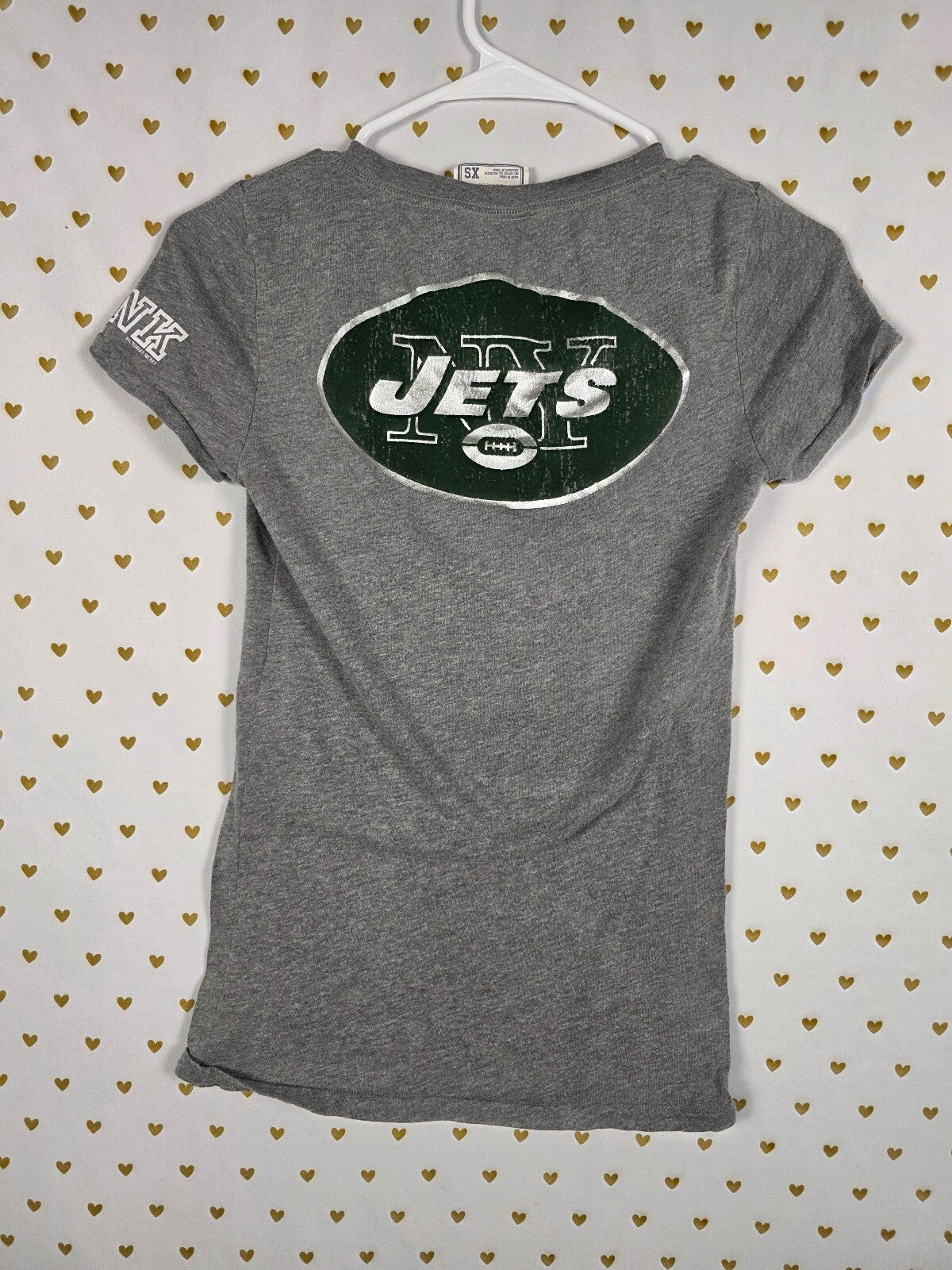 Vintage VS PINK NY Jets NFL V Neck Tee XS 5th Ocean Gray Green Hearts