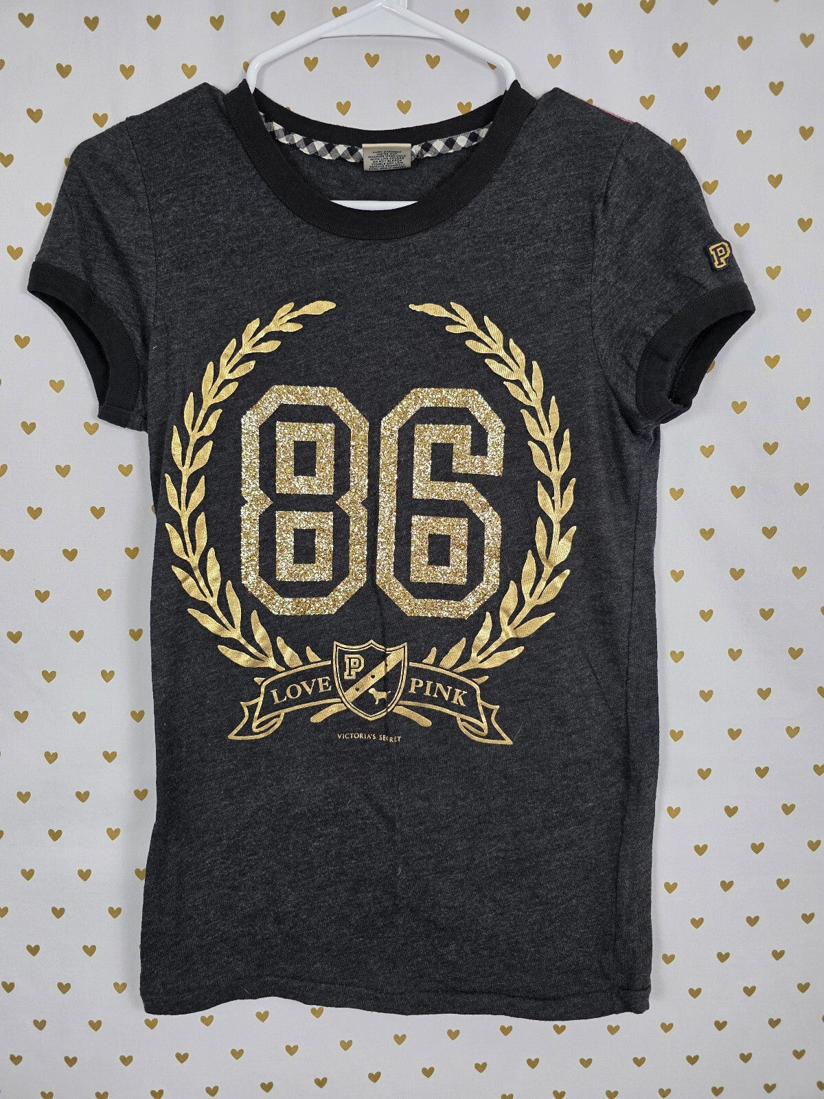 Victorias Secret PINK Gold Bling Glitter Vintage Y2k 86 Crest Tee Shirt Medium