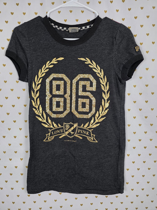 Victorias Secret PINK Gold Bling Glitter Vintage Y2k 86 Crest Tee Shirt Medium