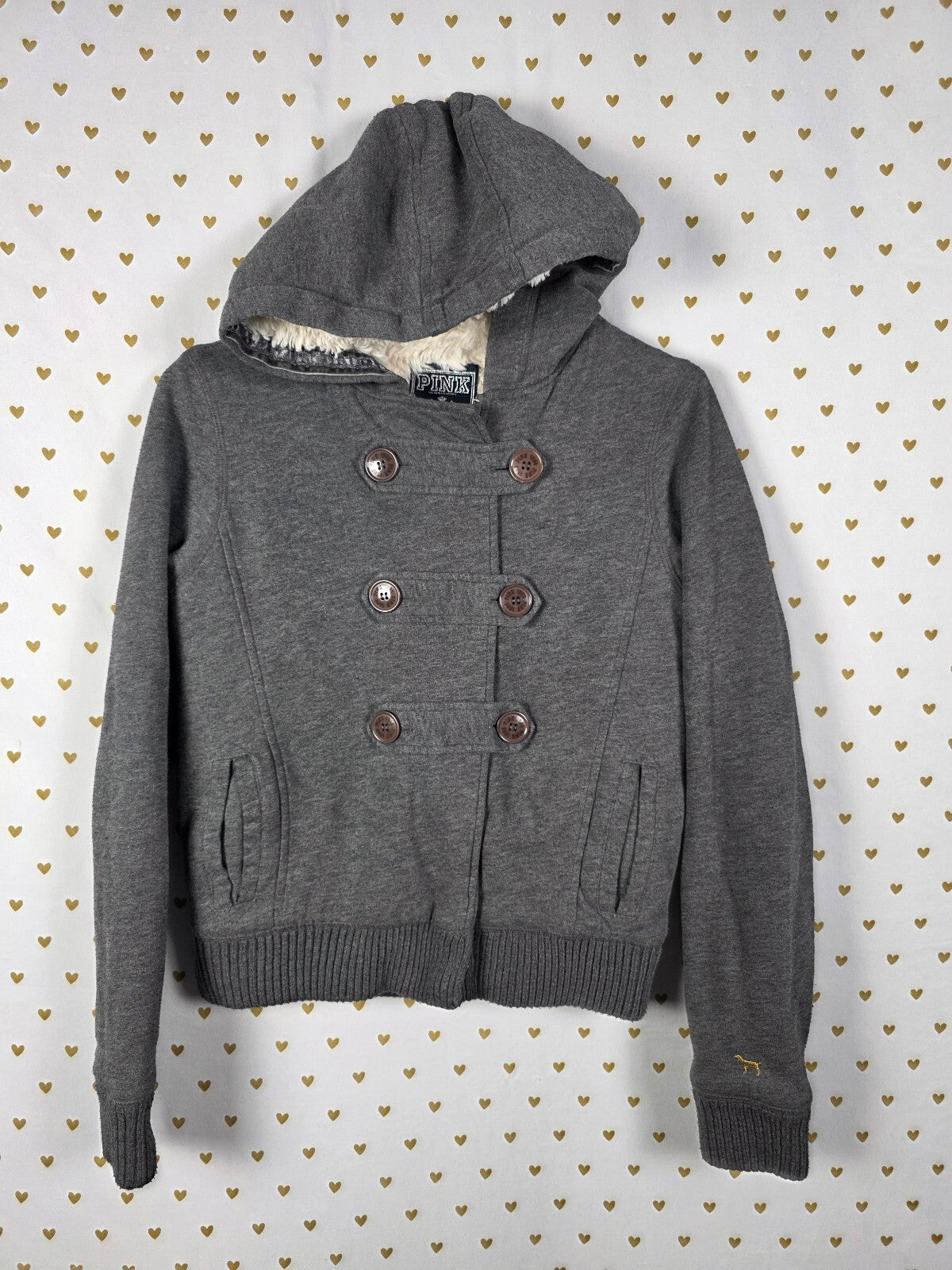 Victorias Secret Pink GRAIL Fur Lined LOVE Hoodie Double Breasted Y2K VTG jacket