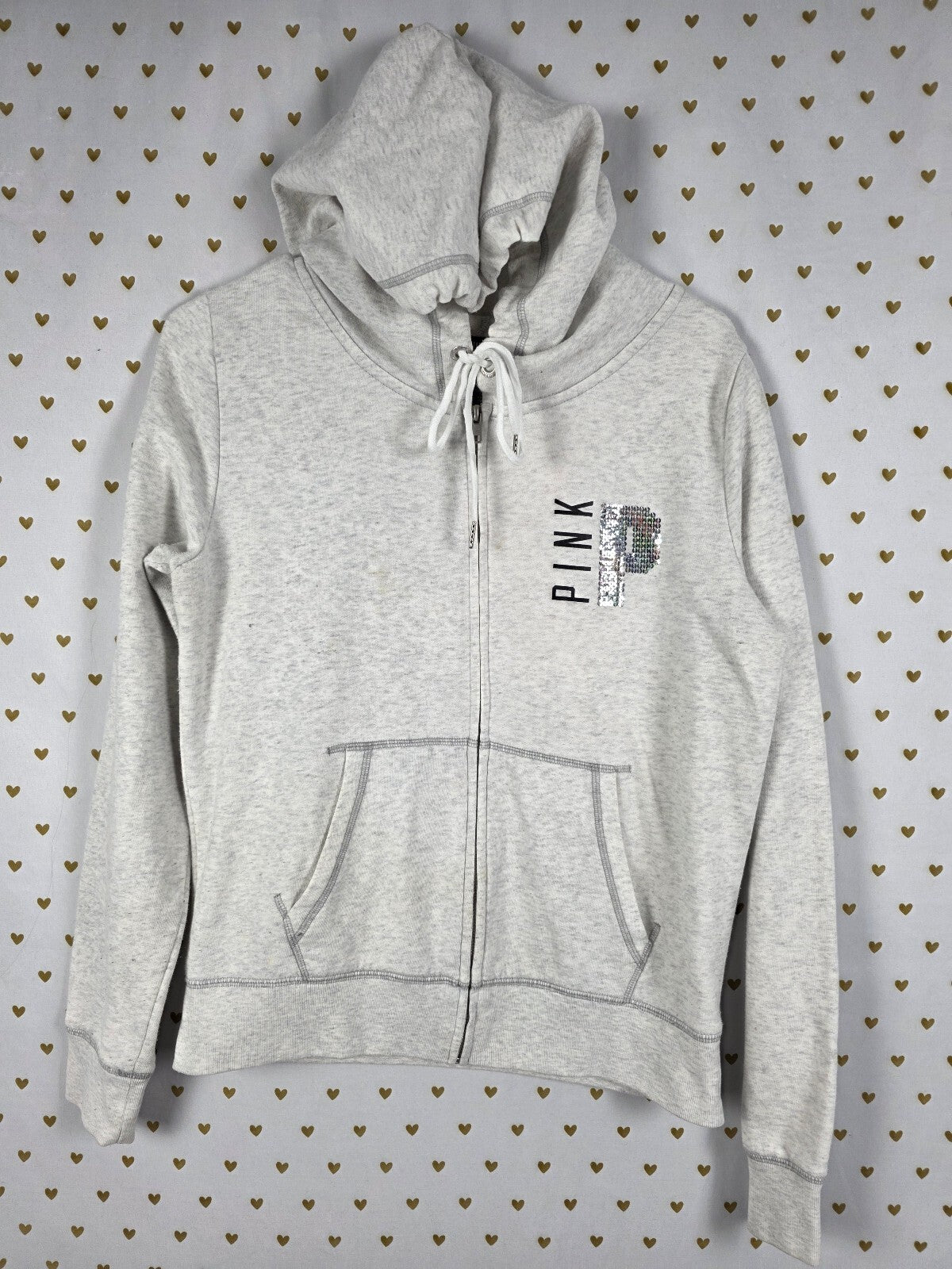 Victorias Secret Pink Rare Rainbow Bling Logo Full zip Hoodie Jacket Grey Medium