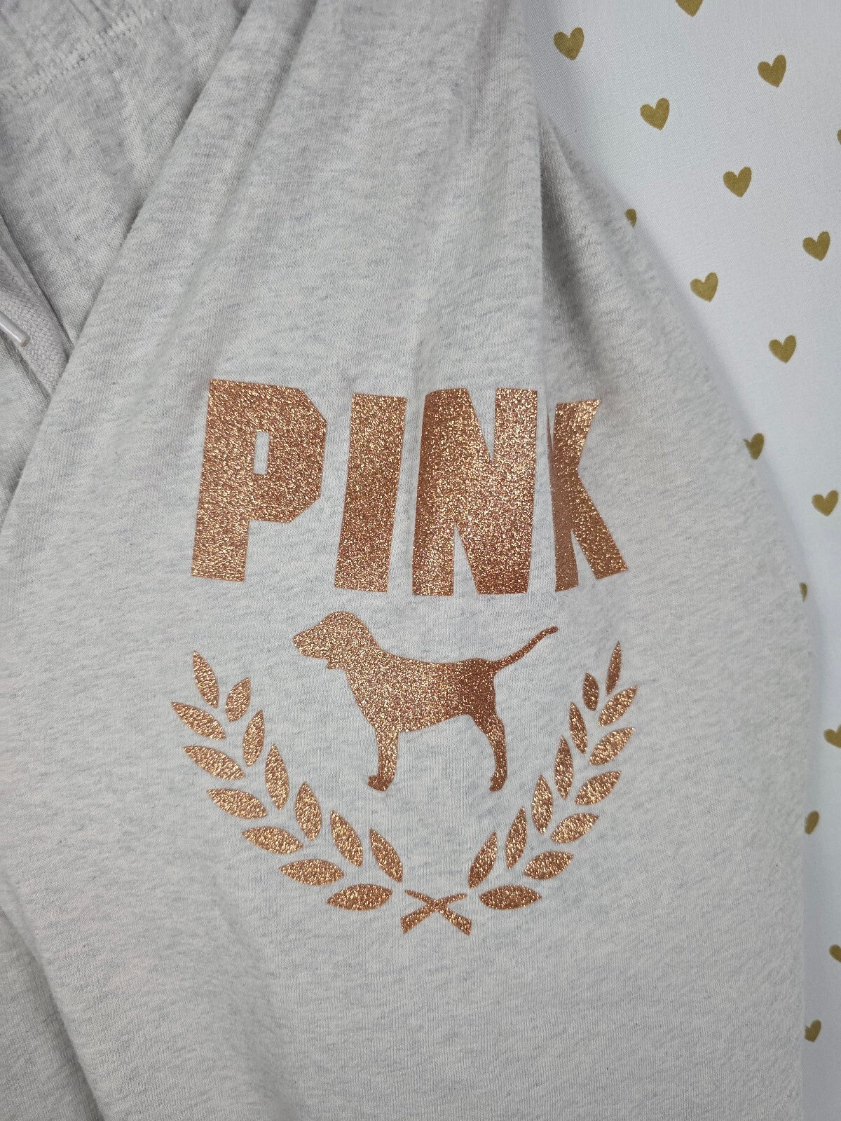 Victorias Secret PINK Gold Bling Glitter Logo Sweats Sweatpants Crest Large