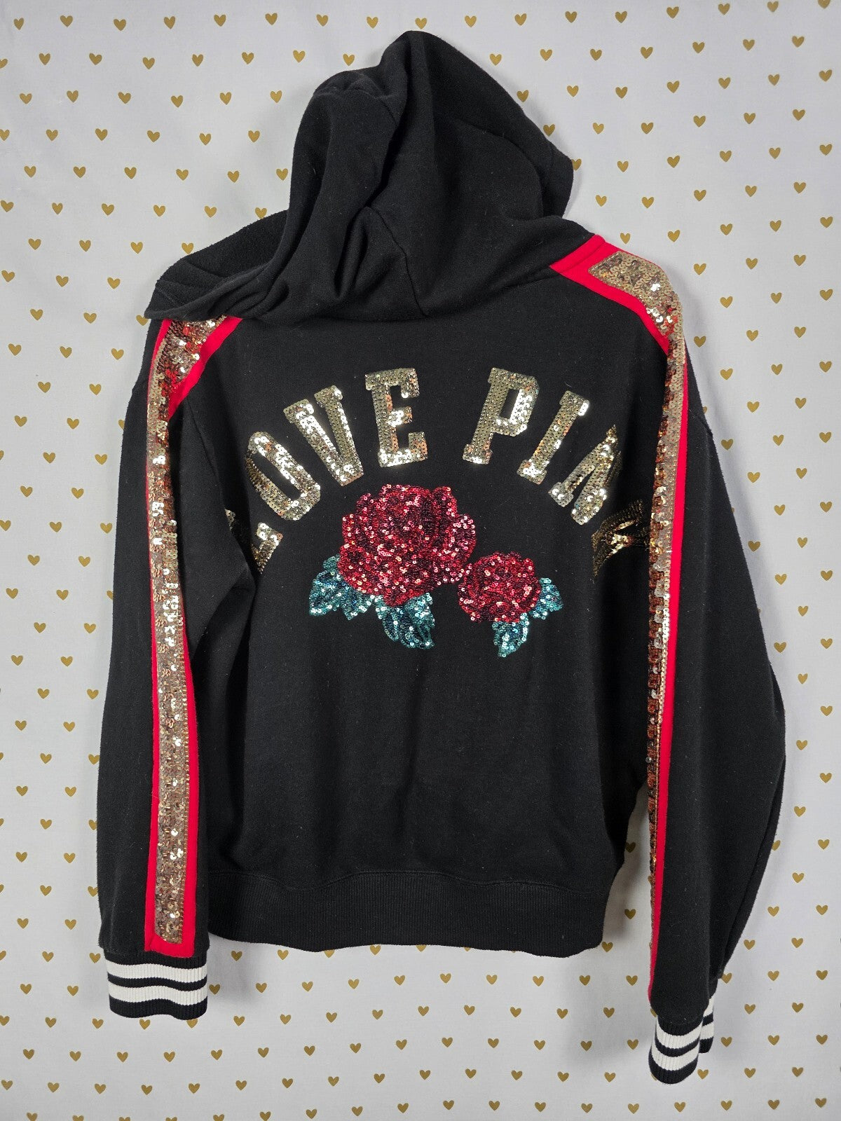 Victorias Secret Pink BLING Rose Sequin Pullover hoodie sweater Gold Medium