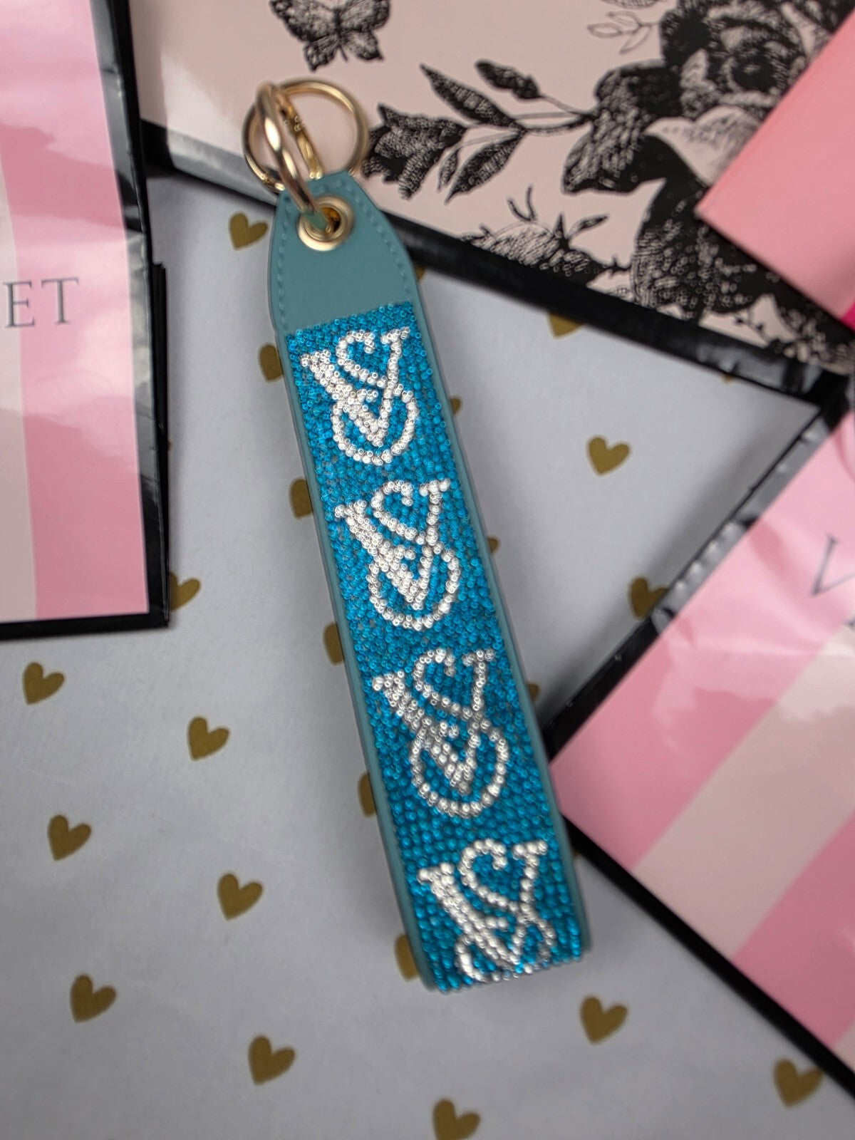 Victoria Secret BLING wristlet strap keychain Logo Studded Handle Rhinestone