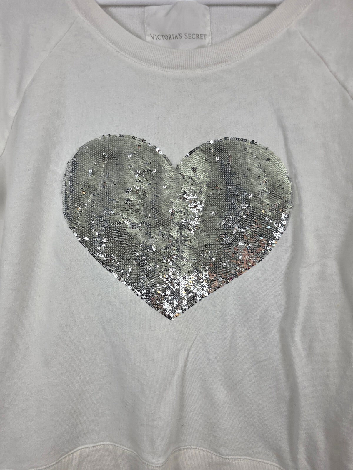 Victorias Secret White Crew Sweater Heart Sequined Bling Shirt Large