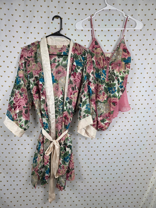 Vintage Victoria's Secret Floral Jacquard Teddy Bodysuit & Matching Robe Set