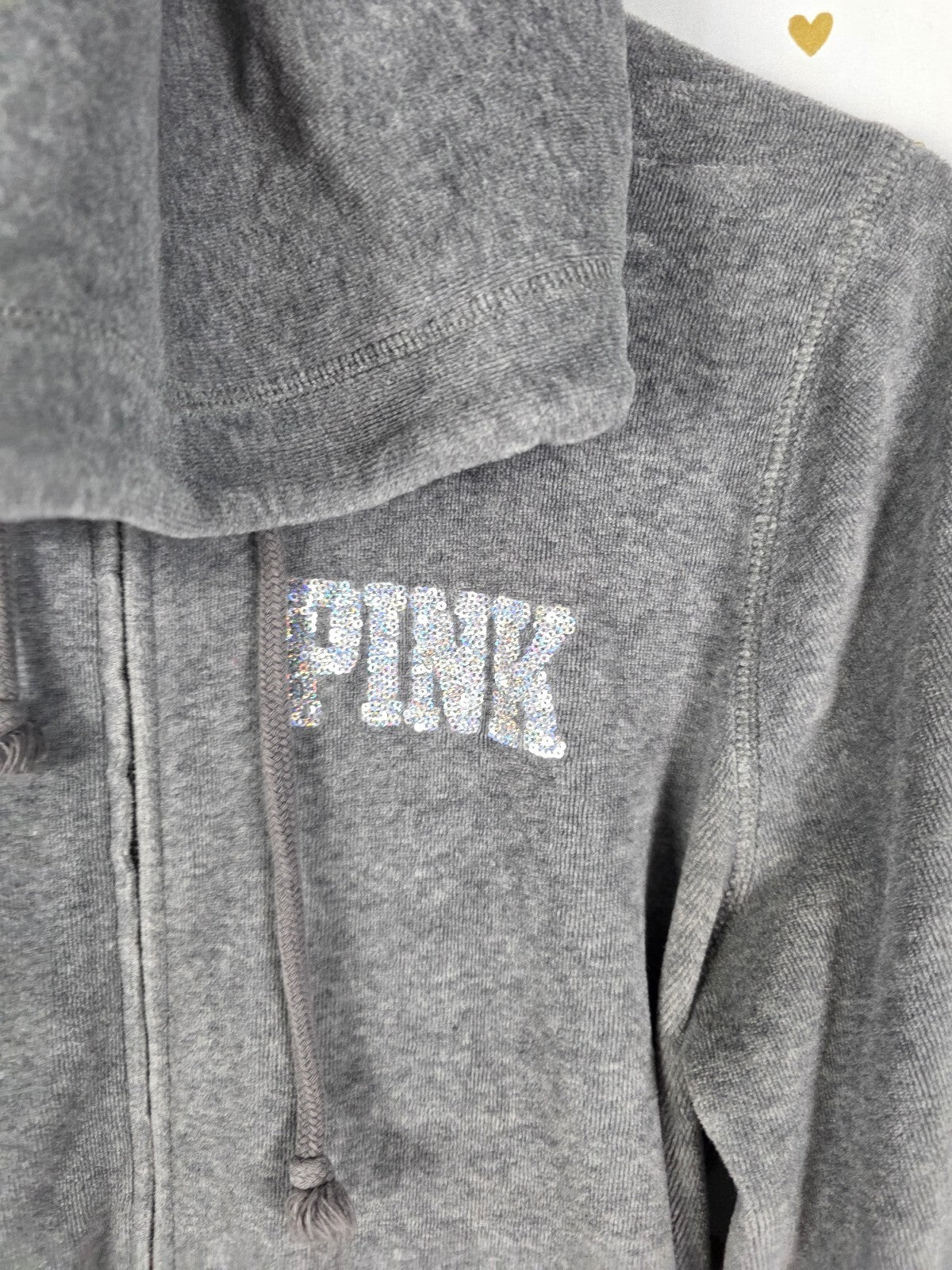 Victorias Secret Pink Velour Crest Bling Full zip hoodie jacket Grey Small
