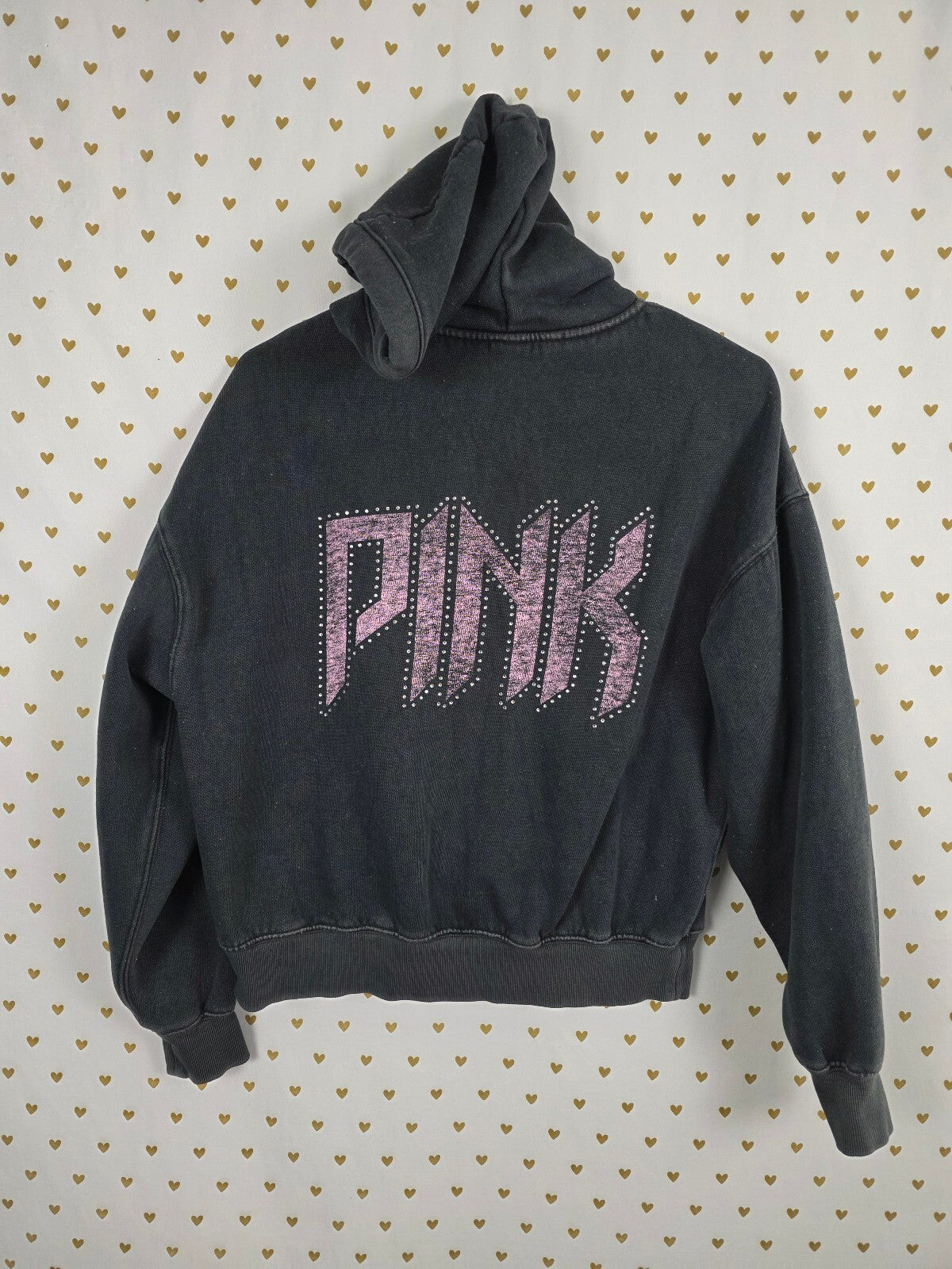 Victoria's Secret PINK Hoodie XS Black Rhinestone BLING Metallic Logo Zip Up
