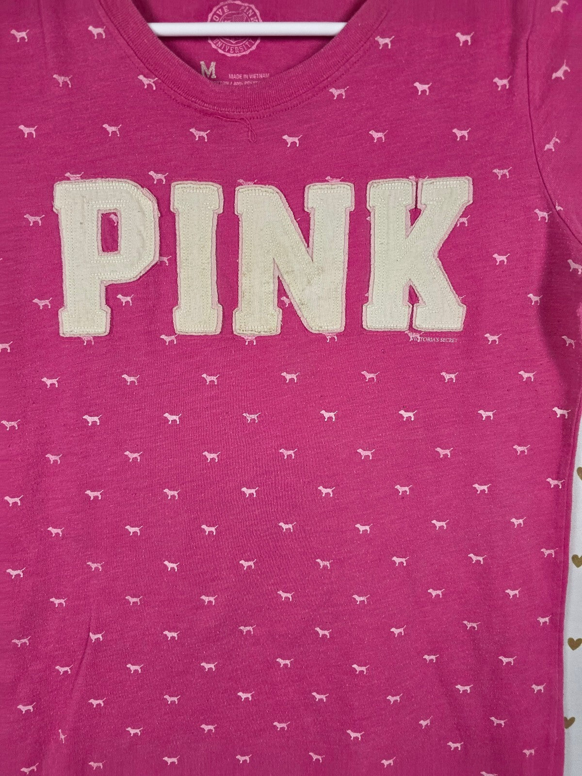 Victoria’s Secret PINK Mini Dog Allover Print Varsity Logo Tee Shirt M