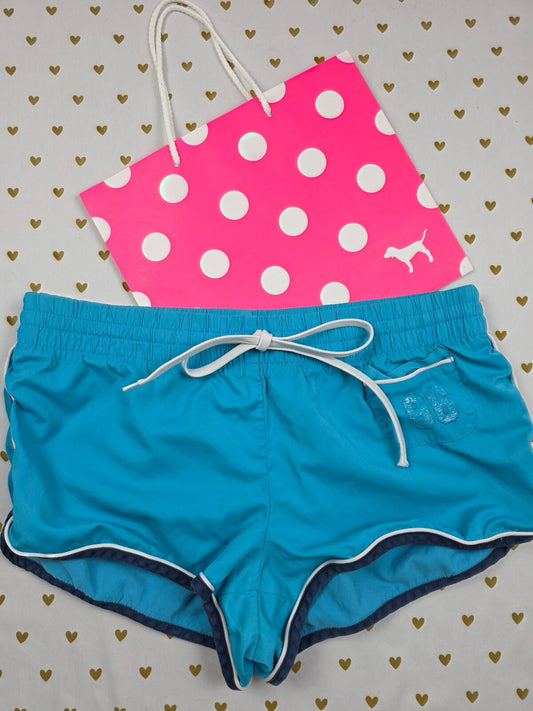 Victoria's Secret LOVE PINK Board Shorts M Blue Swim Y2K Logo Drawstring