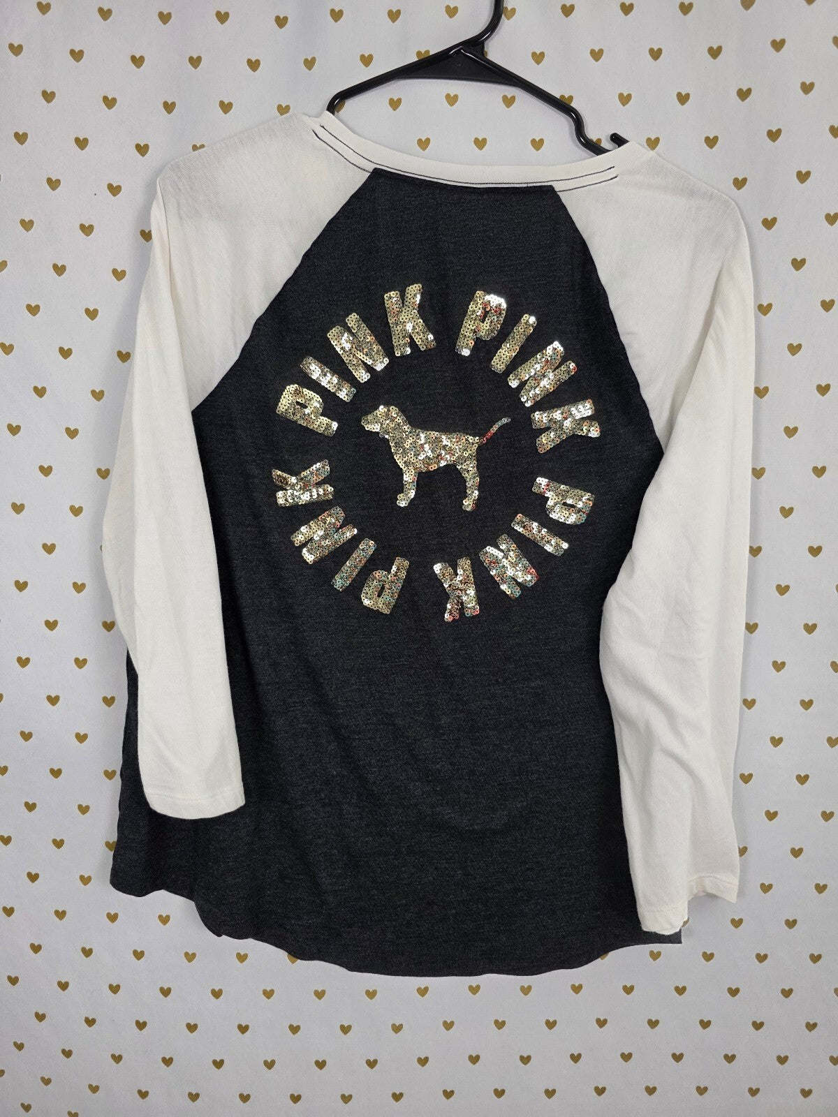 Victorias Secret PINK Gold Bling Logo Raglan Quarter Sleeve Tee shirt Large