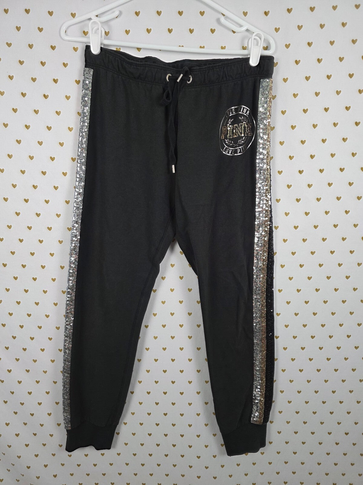 Victorias Secret PINK BLING Striped Gold Silver MEDIUM Sweats Sweatpants SEQUIN