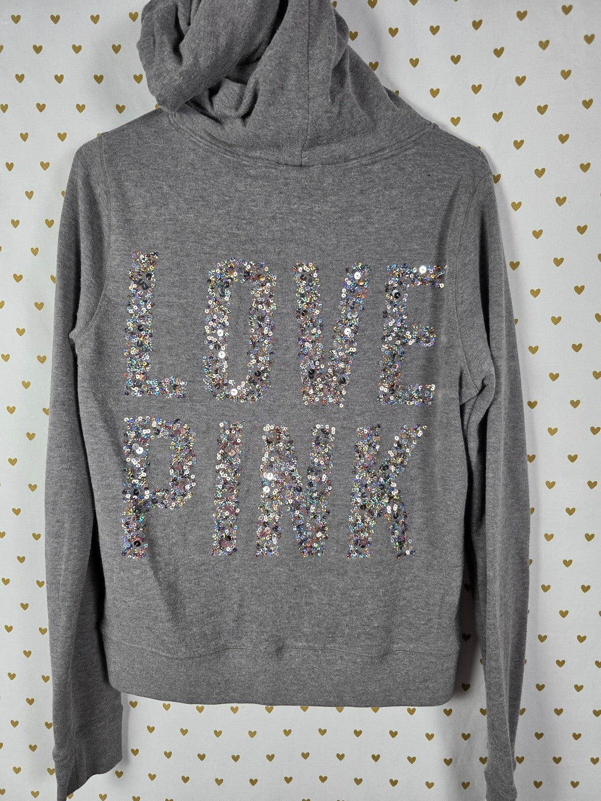 Victoria's Secret PINK Gray Sequin Love Pink Full Zip Hoodie Dog Logo Medium