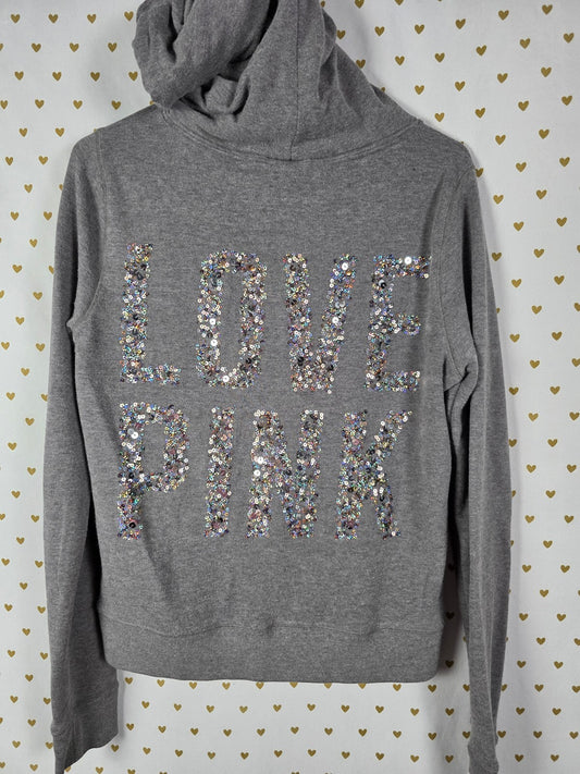 Victoria's Secret PINK Gray Sequin Love Pink Full Zip Hoodie Dog Logo Medium