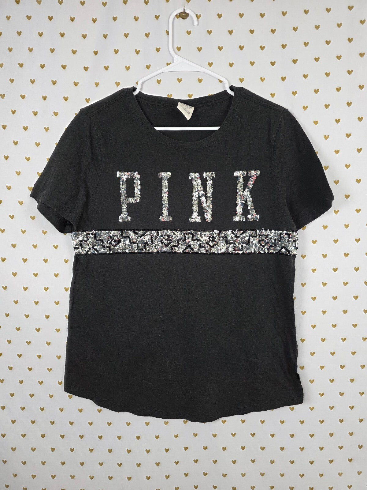 Victorias Secret PINK Bling Sequined Logo Black Tee shirt Large