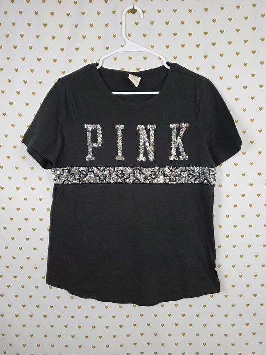 Victorias Secret PINK Bling Sequined Logo Black Tee shirt Large