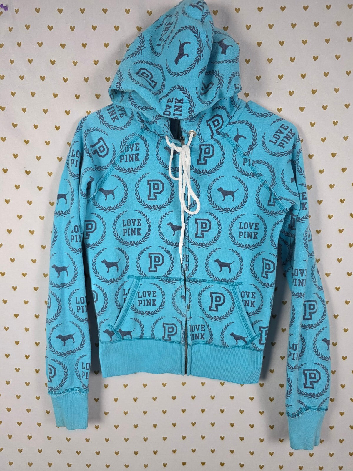 Victoria's Secret PINK Hoodie Full Zip Blue All Over Print Dog Logo Small