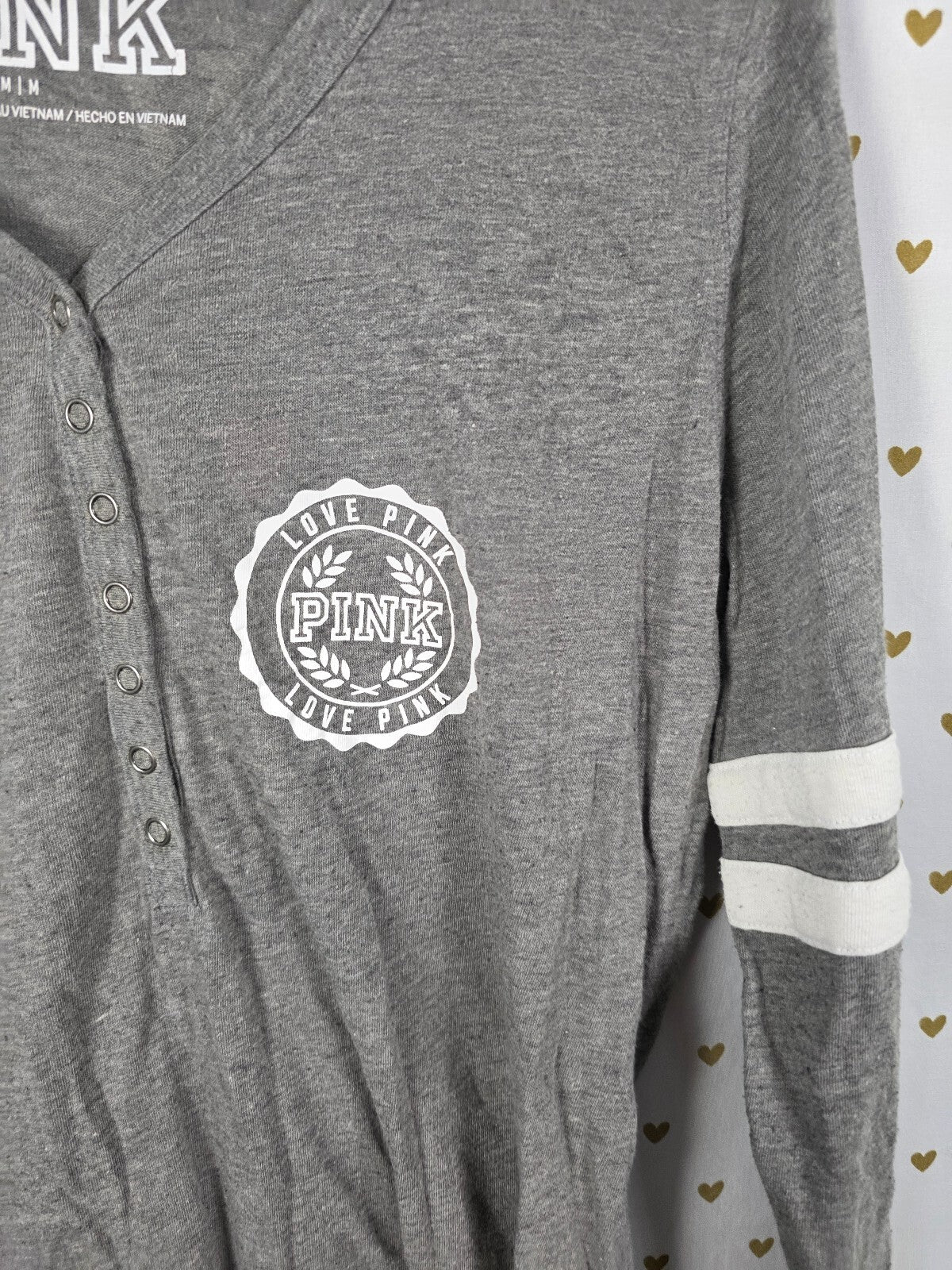 Victorias Secret PINK MY DAY STARTS AT NOON Henley Grey Shirt MEDIUM