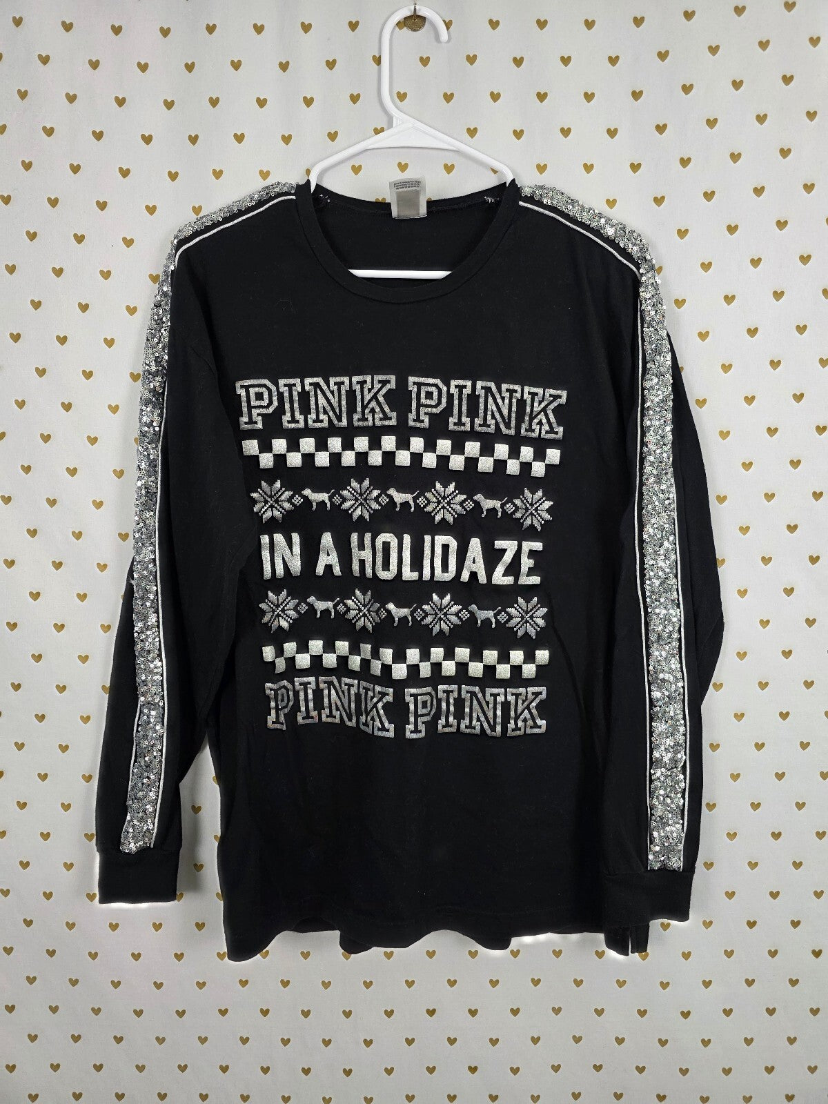 Victorias Secret PINK Holidaze Bling Long Sleeve Sequined Tee shirt Black Large