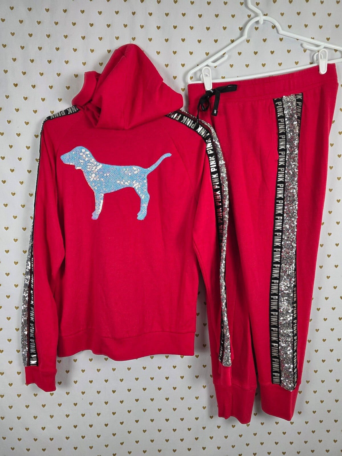 Victorias Secret Pink Red MERMAID Bling SET NEW Full Zip Hoodie Sweats MEDIUM