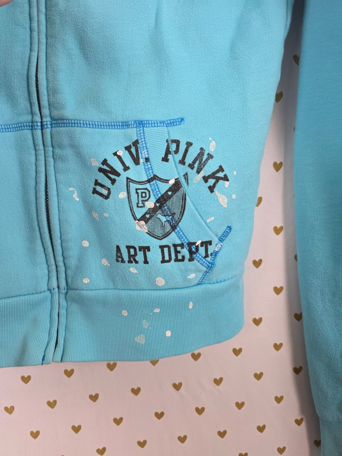 Vintage VS PINK Art Dept Hoodie Sweatpants Set XS Aqua Paint Splatter 1986