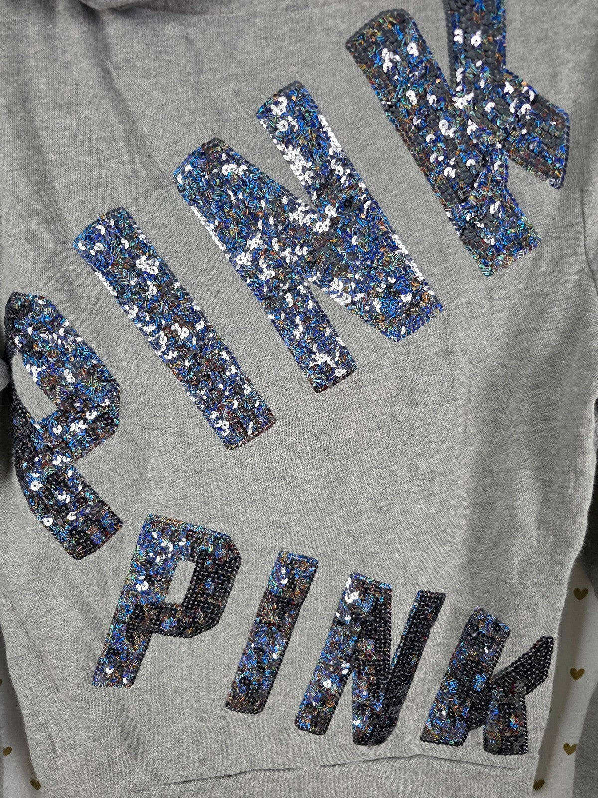Victorias Secret Pink BLING SEQUIN Logo Full Zip Grey Hoodie Jacket XS