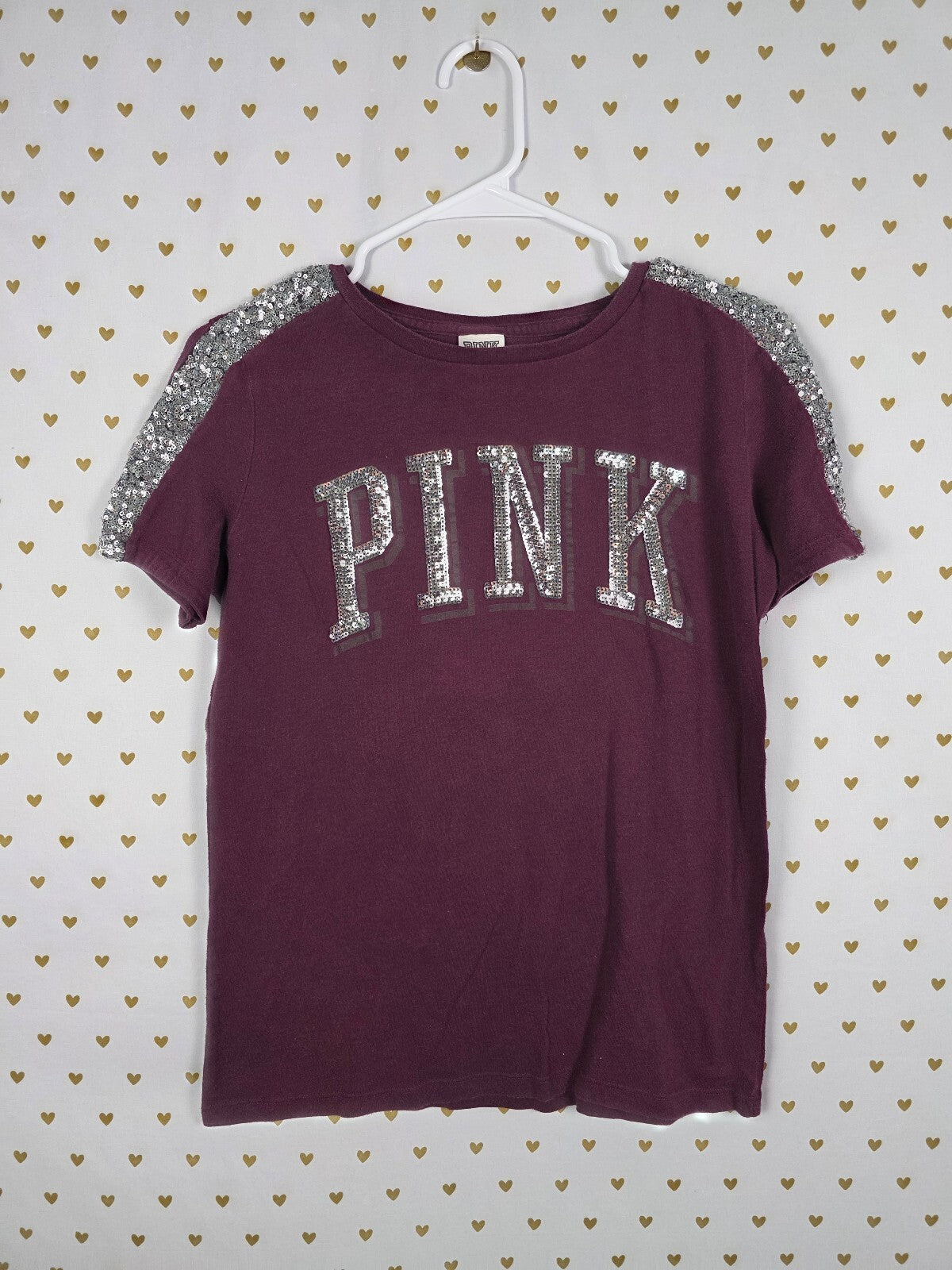 Victorias Secret PINK Maroon Bling sequined Tee shirt Silver XS