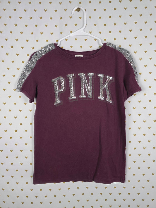 Victorias Secret PINK Maroon Bling sequined Tee shirt Silver XS