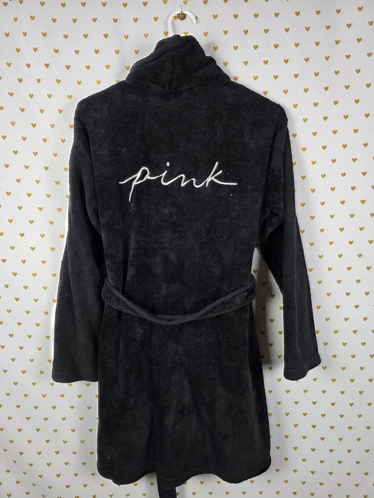 Victorias Secret PINK Fluffy Black Logo Bath Robe Lounge Warm XS SMALL
