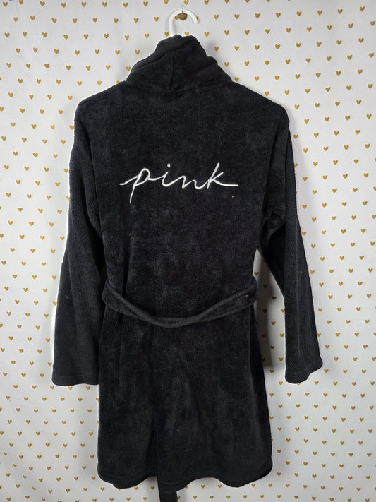 Victorias Secret PINK Fluffy Black Logo Bath Robe Lounge Warm XS SMALL