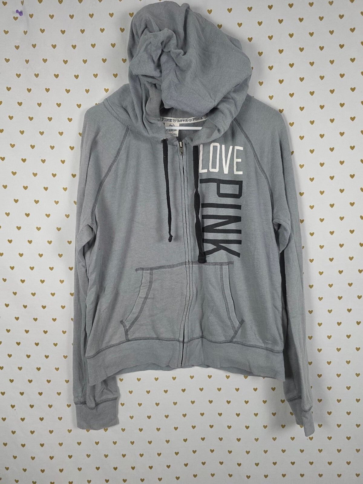 Victorias Secret Pink Full Zip LOVE  Vintage Grey Jacket Hoodie LARGE